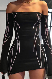 Black Sexy Print Off the Shoulder Pencil Skirt Dresses