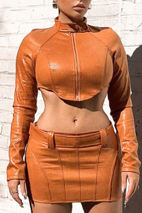 Tangerine Sexy Solid Patchwork Asymmetrical Zipper Long Sleeve Two Pieces