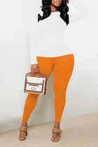 Orange Casual Solid Patchwork O Neck Long Sleeve Two Pieces
