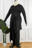 Black Casual Solid Bandage O Neck Long Sleeve Plus Size Two Pieces