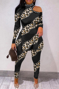 Black Sexy Casual Print Hollowed Out Slit Printing Half A Turtleneck Long Sleeve Two Pieces