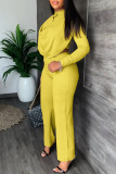 Yellow Casual Work Solid Patchwork Buttons O Neck Long Sleeve Two Pieces