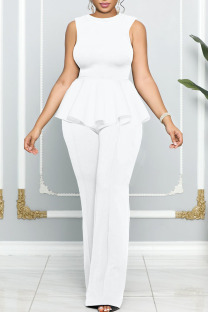 White Casual Solid Patchwork Flounce O Neck Straight Jumpsuits