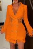 Orange Casual Solid Patchwork Turn-back Collar Long Sleeve Dresses