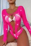 Fluorescent Pink Sexy Solid Hollowed Out Patchwork See-through Mesh Valentines Day Lingerie