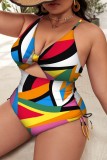 Black Red Sexy Print Hollowed Out Patchwork Backless Cross Straps V Neck Plus Size Swimwear (With Paddings)