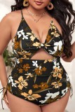 Black khaki Sexy Print Hollowed Out Patchwork Backless Cross Straps V Neck Plus Size Swimwear (With Paddings)