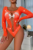 Tangerine Red Sexy Solid Hollowed Out Patchwork See-through Mesh Valentines Day Lingerie