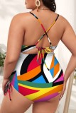 Black khaki Sexy Print Hollowed Out Patchwork Backless Cross Straps V Neck Plus Size Swimwear (With Paddings)