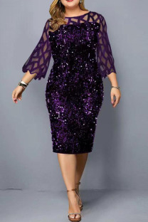 Purple Elegant Solid Sequins Patchwork O Neck Straight Plus Size Dresses