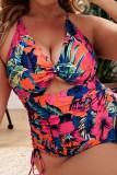 Colour Sexy Print Hollowed Out Patchwork Backless Cross Straps V Neck Plus Size Swimwear (With Paddings)