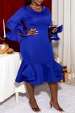 Blue Sexy Casual Solid Hollowed Out V Neck Long Sleeve Plus Size Dresses