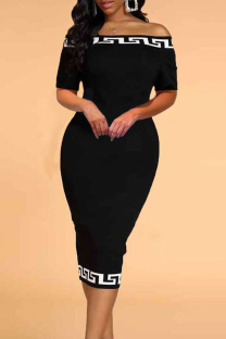 Black Casual Print Patchwork Off the Shoulder Short Sleeve Dress