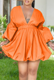 Orange Fashion Sweet Solid Patchwork V Neck Lantern Skirt Dresses