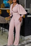Pink Casual Print Patchwork With Belt Turndown Collar Long Sleeve Two Pieces