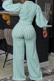 Cyan Casual Print Patchwork With Belt Turndown Collar Long Sleeve Two Pieces