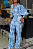 Blue Casual Print Patchwork With Belt Turndown Collar Long Sleeve Two Pieces