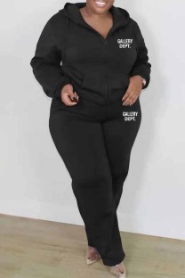 Black Casual Print Letter Hooded Collar Plus Size Two Pieces