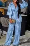 Blue Casual Print Patchwork With Belt Turndown Collar Long Sleeve Two Pieces