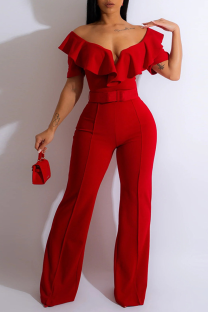 Red Casual Solid Patchwork Off the Shoulder Boot Cut Jumpsuits