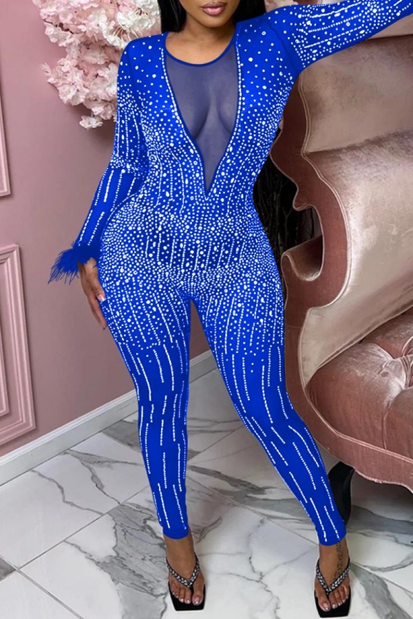 Blue Sexy Patchwork Hot Drilling See-through O Neck Skinny Jumpsuits