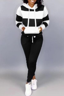 Black White Casual Striped Patchwork Hooded Collar Long Sleeve Two Pieces
