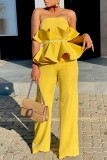 Yellow Casual Solid Patchwork Backless Strapless Regular Jumpsuits
