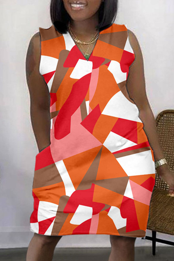 Orange Casual Print Basic V Neck Sleeveless Dress Dresses
