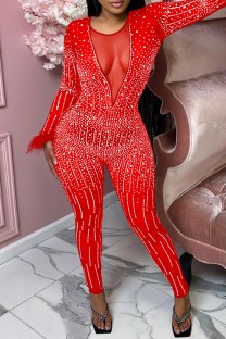 Red Sexy Patchwork Hot Drilling See-through O Neck Skinny Jumpsuits
