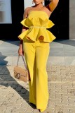 Yellow Casual Solid Patchwork Backless Strapless Regular Jumpsuits