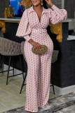 Pink Casual Print Patchwork With Belt Turndown Collar Long Sleeve Two Pieces