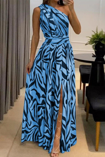 Blue Sexy Elegant Print Frenulum Oblique Collar Dresses