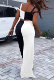 Black White Sexy Solid Hollowed Out Regular Jumpsuits