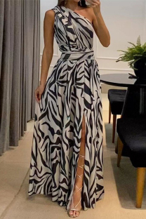 Black Sexy Elegant Print Frenulum Oblique Collar Dresses