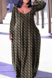 Black khaki Casual Print Patchwork Basic V Neck Long Sleeve Plus Size Dresses