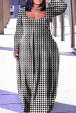 Black khaki Casual Print Patchwork Basic V Neck Long Sleeve Plus Size Dresses