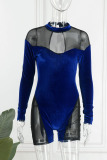 Blue Sexy Solid Patchwork See-through O Neck Regular Jumpsuits