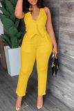 Yellow Casual Solid Backless Halter Sleeveless Two Pieces