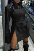 Black Casual Solid Patchwork Buckle Slit Turndown Collar A Line Plus Size Dresses