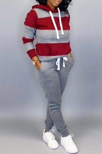 Grey Casual Striped Patchwork Contrast Hooded Collar Plus Size Two Pieces