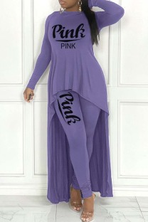 Purple Casual Letter Print Asymmetrical O Neck Long Sleeve Two Pieces
