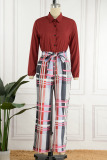 Red Casual Print Patchwork Buckle With Belt Straight Jumpsuits