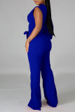 Blue Fashion Casual Solid Patchwork Asymmetrical Asymmetrical Collar Straight Jumpsuits