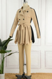 Khaki Casual Solid Patchwork With Belt Turn-back Collar Long Sleeve Two Pieces
