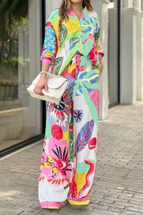 Colour Casual Print Printing V Neck Long Sleeve Two Pieces