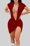 Tangerine Red Sexy Solid Patchwork V Neck A Line Dresses