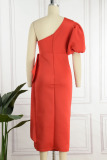Red Elegant Solid Patchwork Flounce Asymmetrical Oblique Collar Evening Dress Dresses