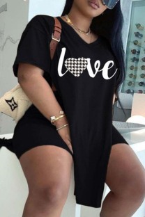 Black White Casual Letter Print Patchwork V Neck Plus Size Two Pieces