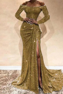 Gold Sexy Formal Solid Patchwork Slit Off the Shoulder Evening Dress Dresses