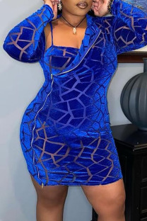 Blue Sexy Solid Patchwork See-through Zipper Collar Pencil Skirt Plus Size Dresses